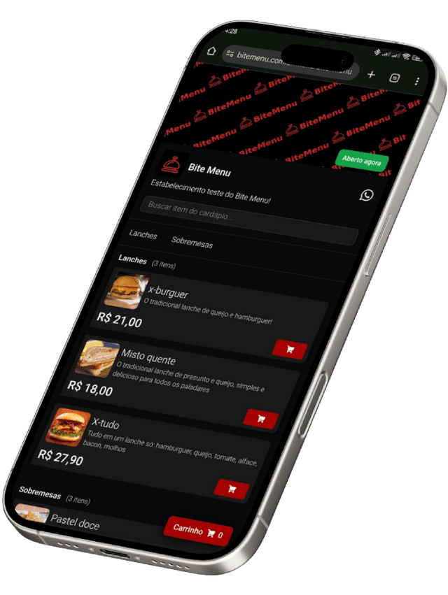 Cardápio do Bite Menu no celular